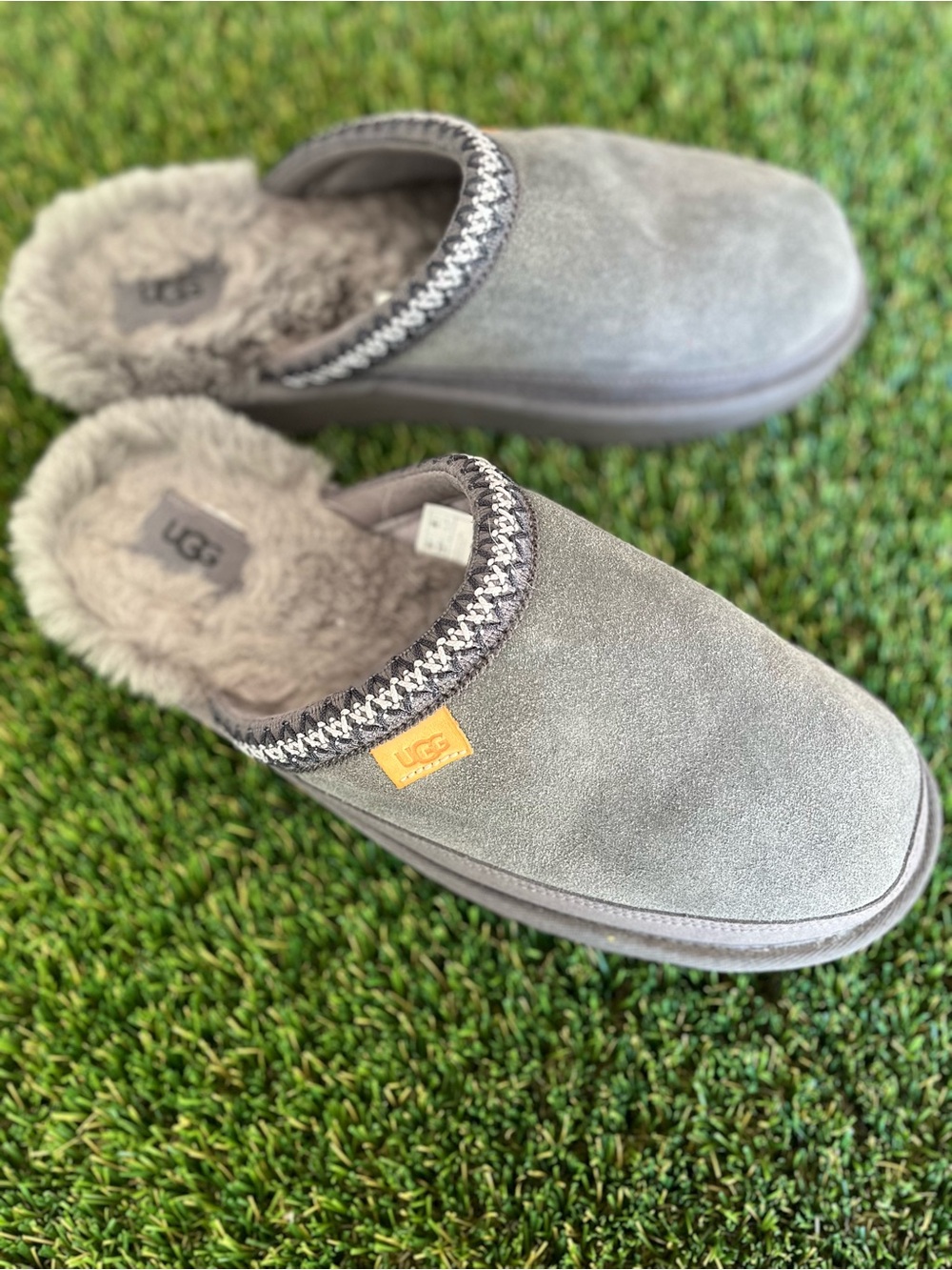 UGG Gray Suede Shearling Clog Slippers